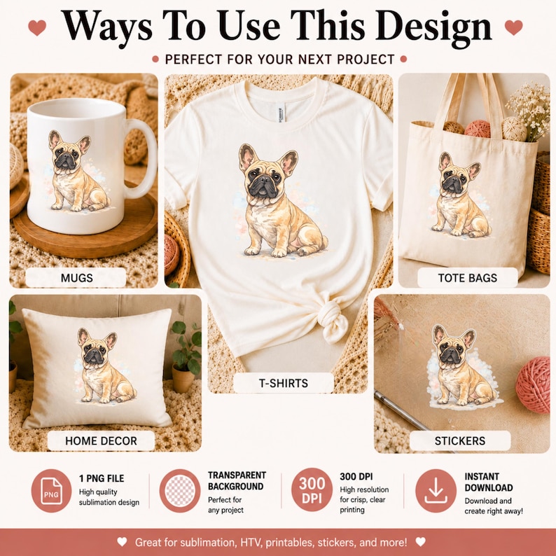 May include: A design showcasing a French Bulldog illustration on various products, including a mug, t-shirt, tote bag, pillow, and sticker. The image includes the text "Ways To Use This Design" and "Perfect for your next project". The design is suitable for sublimation, HTV, and printables.