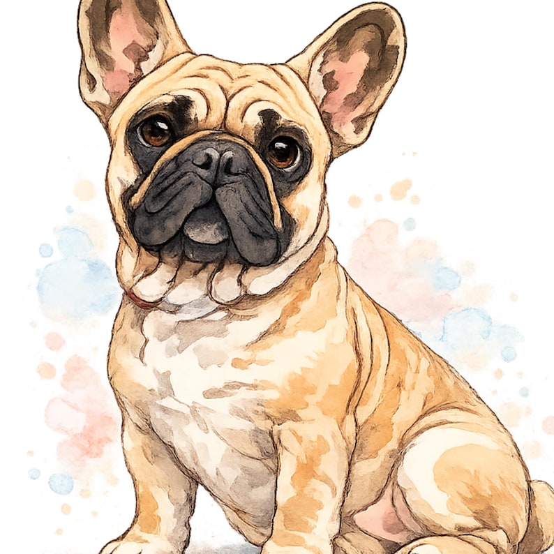 May include: Watercolor illustration of a French Bulldog in tan and black. The dog is sitting and looking directly at the viewer. The background has soft watercolor splashes of blue, pink, and peach.