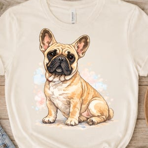 A watercolor painting of a fawn French Bulldog sitting with its ears perked and a dark muzzle.