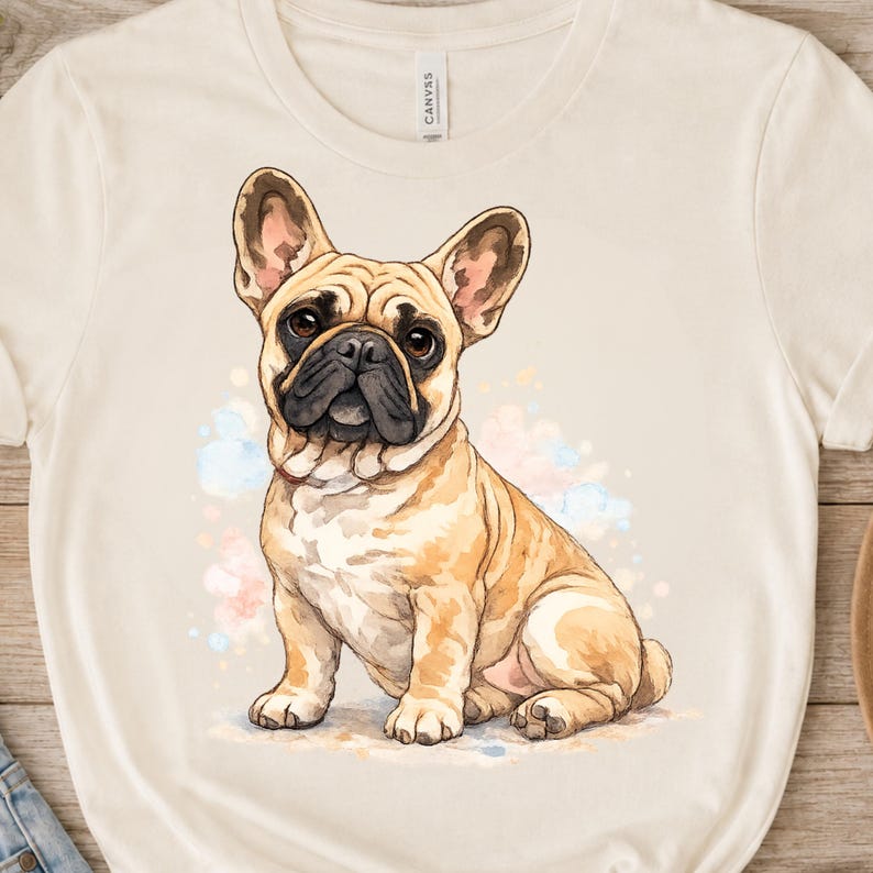 A watercolor painting of a fawn French Bulldog sitting with its ears perked and a dark muzzle.