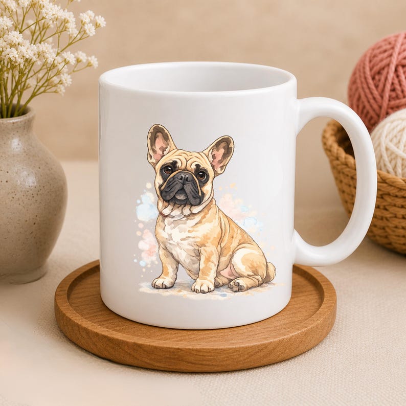 May include: White ceramic mug featuring a watercolor illustration of a tan and black French Bulldog. The dog is sitting with its ears perked up. The mug sits on a round wooden coaster.