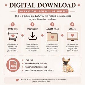 May include: Digital download graphic with a step-by-step guide: purchase, download, access files, and create. Includes a PNG file with high resolution and a transparent background. A French Bulldog illustration is also included.