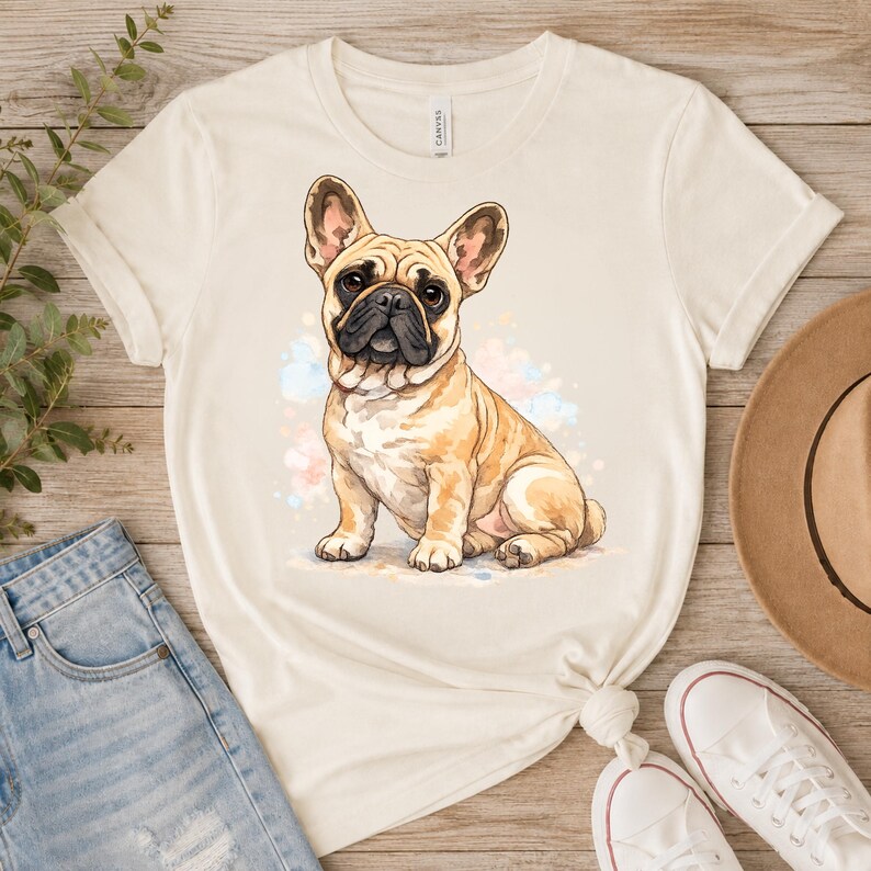 May include: Cream-colored t-shirt featuring a watercolor illustration of a French Bulldog. The dog is depicted in shades of tan and brown, with a black muzzle and large ears. The design includes soft pastel accents.