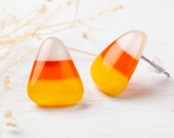 Candy Corn Fused Glass Earrings - Halloween / Fall Stud Earrings