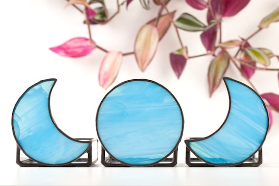 Moon Phase Tea Light Candle Holders - Stained Glass Table Decor