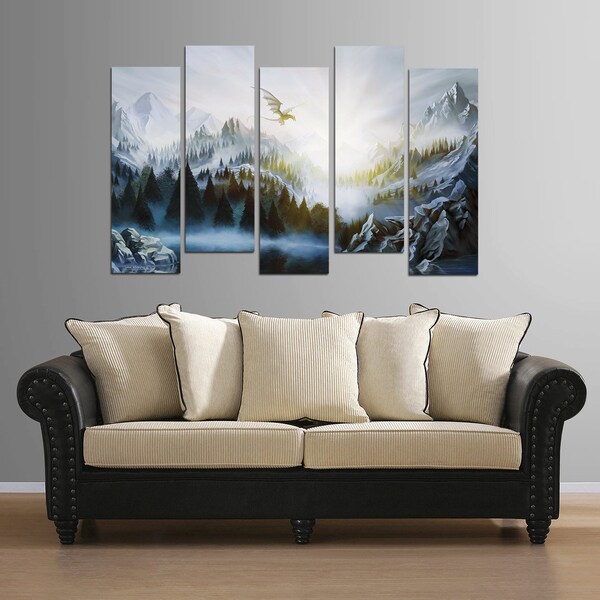 Large 5 piece Skyrim mountain landscape painting plastic plate mounted print