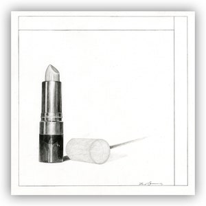 Original Graphite Pencil Drawing Lipstick, wall art illustration makeup bathroom vanity girl female fashion Modern Minimal Black White