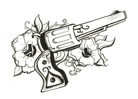 Revolver Stylo à Lencre De Dessin Noir Et Blanc à Lencre De Style Flash Tattoo Design Américain Gun Pistolet Revolver Rose Illustration