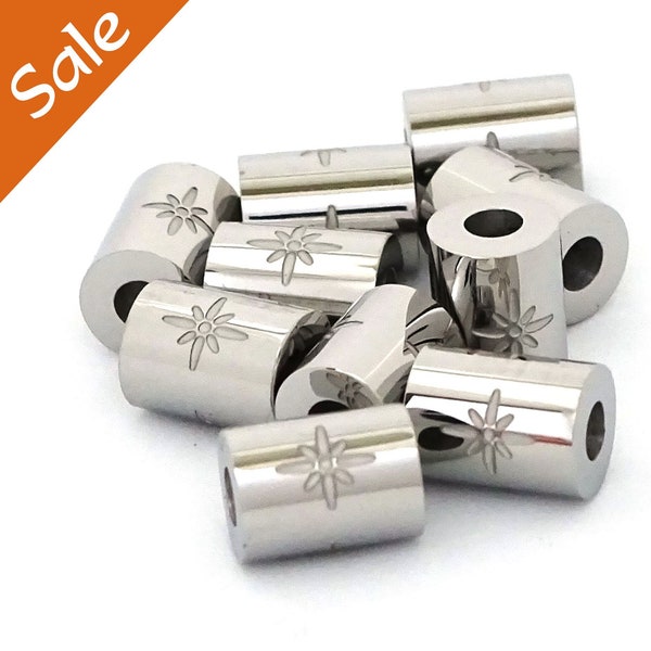 Stainless Steel Tube Bead with Star Pattern Large Holes--6mm x 8mm L--10 Pcs. CLEARANCE | 37-SS116