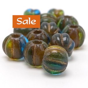Big Hole Czech Glass Amber Teal Melon Beads--8mm--20 Pcs. CLEARANCE | 43-68-B86