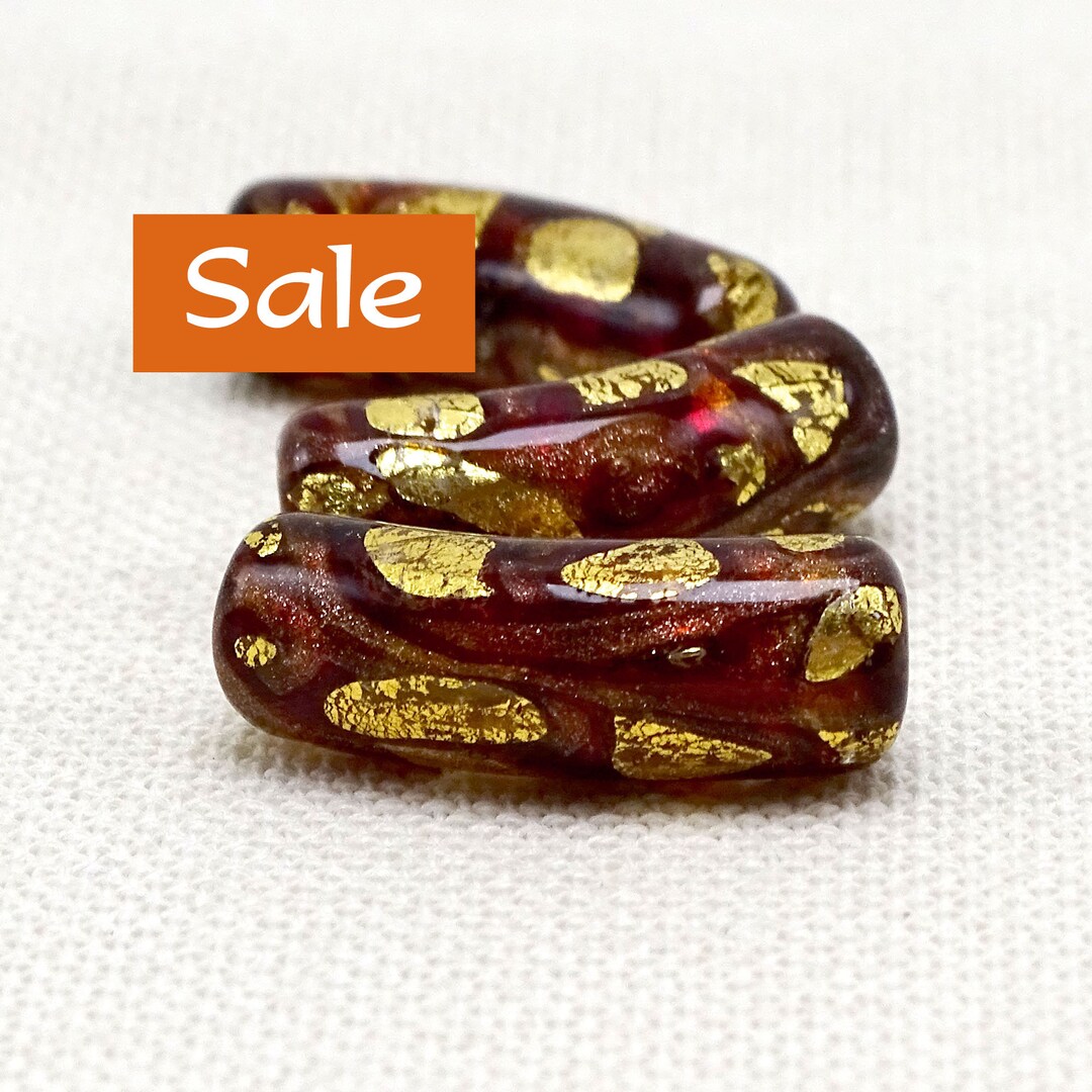 Murano Curved Glass Mosaic Bead Red Goldapprox. 8mm Dia. X 25mm 1 L