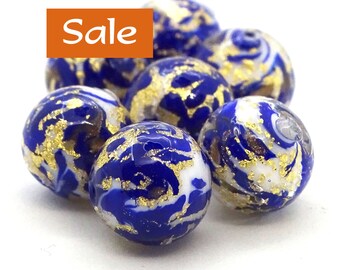 Large Celestial Blue Gold Marbled Authentic Venetian Glass Beads--Approx. 13mm--1 Pc. SALE | 31-MAR201