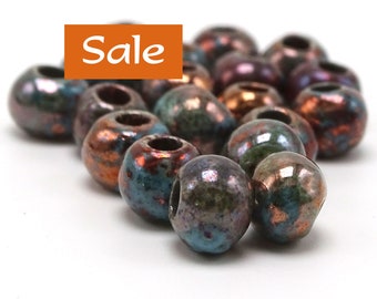 Copper Patina Raku Glaze Beads Large Holes--Approx. 9mm--10 Pcs. SALE | 38-995-SEA