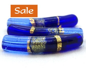 Curved Cobalt Gold Murano Glass Tube Bead--Approx. 7mm x 37mm--1 Pc. SALE | 31-CV41