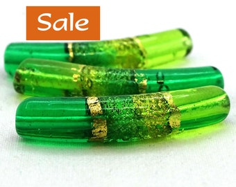 Curved Emerald Gold Murano Glass Tube Bead--Approx. 7mm x 37mm--1 Pc. SALE | 31-CV07