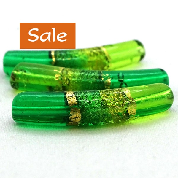 Curved Emerald Gold Murano Glass Tube Bead--Approx. 7mm x 37mm--1 Pc. SALE | 31-CV07