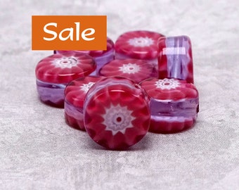 Murano Glass Rose Pink Daisy Disk Beads--Approx. 10mm--1 Pc. SALE | 31-MIL109