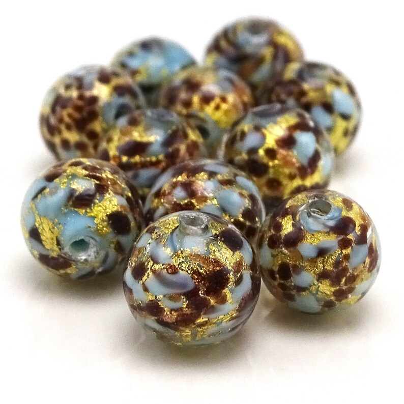 Aqua Black Gold Murano Glass Beads--8mm--1 Pc 31-AVV100