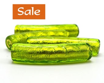 Gold-Lined Peridot Curved Murano Glass Beads--Approx. 8mm x 37mm (1-1/2") L--1 Pc. SALE | 31-CV93