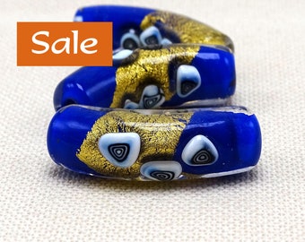 Murano Curved Glass Bead Cobalt Gold--Approx. 10mm dia. x 35mm (1-1/3") L SALE | 32-718-CG