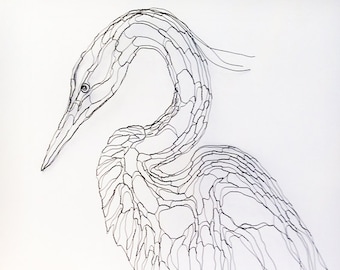 Wire Sculpture Heron, Egret 2D 27" Wall Art by Elizabeth Berrien