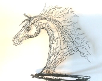 Wire Sculpture 12-in 3D Horse Head: Desk, shelf or tabletop Art by Elizabeth Berrien, internationally acclaimed wire sculptor