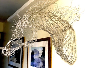 Arabian Horse Head Wire Sculpture, Silver Dappled, 27" 3D Wire Wall Art by Elizabeth Berrien