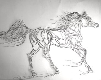 Running, Galloping Arabian Wild Horse 2D, 24" Wire Sculpture by Elizabeth Berrien