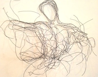 Wire Sculpture Kung Fu Figure: 36in Abstract Wall Art by Elizabeth Berrien, internationally acclaimed wire sculptor