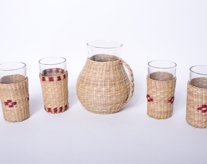 Wicker Pitcher With 4 Wicker Glasses Mid Century Kitsch Etsy