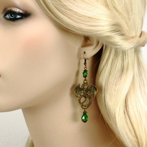 Green dragon earrings, emerald green crystal, antique bronze, Renaissance jewelry, House of the Dragon, Game of Thrones, RTS Pendragon