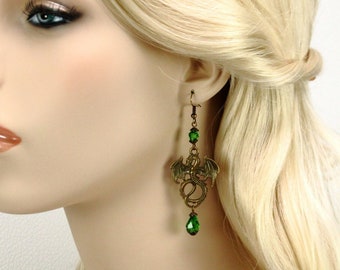 Green dragon earrings, Pendragon earrings, Renaissance earrings, emerald green crystal earrings, green jewelry, antique bronze earrings, RTS