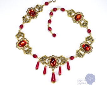 Marquise Xanthe antique gold & ruby red necklace, red Renaissance necklace, Edwardian necklace, Victorian necklace, Baroque jewelry MTO