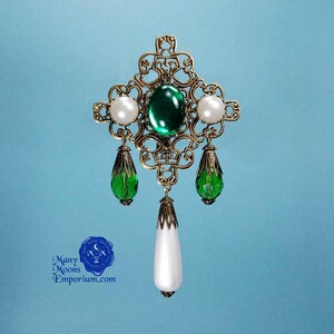 Emerald brooch, green broach, jewel pin, brooch with pearls, bodice jewelry, Renaissance, Tudor pin, Victorian pin, noble lady, RTS Beatrice image 1