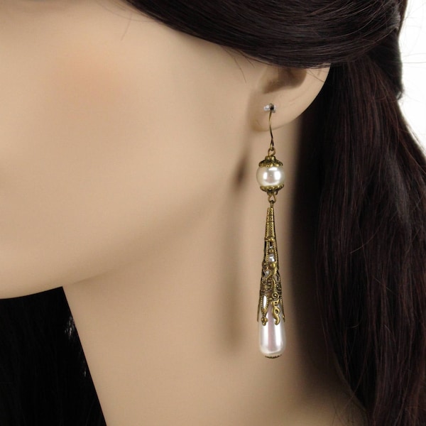 Long pearl earring, brass filigree, teardrop pearl, Replica jewelry, Italian, Renaissance wedding, Medieval, Borgias, MTO Caterina Sforza