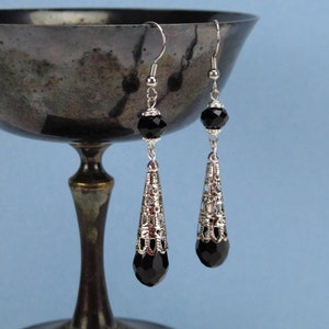 Long silver earrings, black crystal drop, gothic filigree, Renaissance jewelry, Tudor, Victorian, Edwardian, gothic wedding, RTS Elina