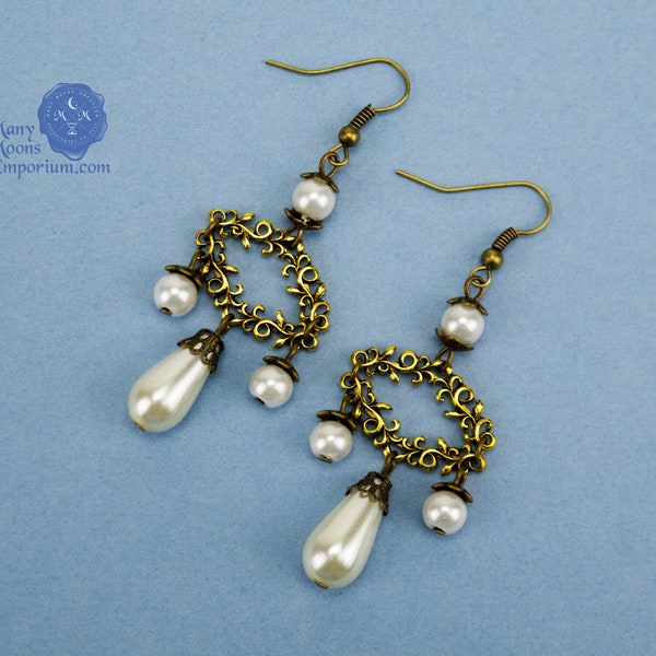 Gold vine earrings, teardrop pearl, Renaissance jewelry, chandelier earrings, Rococo jewelry, oval earrings, Tudor jewelry, RTS Blythe