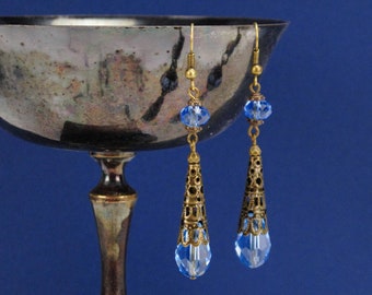 Elina antique bronze & blue crystal Renaissance earrings, Renaissance jewelry, Victorian earrings, blue filigree earrings,Tudor jewelry, RTS