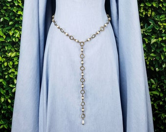 Renaissance girdle, pearl belt, antique bronze, brass chain belt, Medieval, Elizabethan, Tudor costume, cosplay, plus sizes, MTO Ysabelle