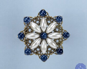 Pearl flower brooch, bodice jewelry, starburst brooch, cloak pin, blue flower brooch, Renaissance, Tudor jewelry Elizabethan, RTS Danica