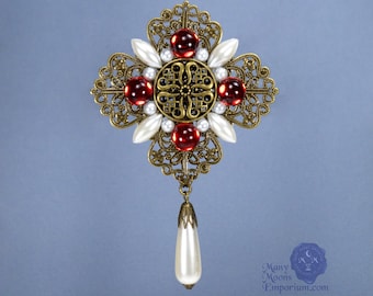 Large jeweled brooch, red broach, brooch with pearls, Elizabethan jewelry, Tudor pin, French Renaissance, Victorian, Louis XIV, RTS Lorraine