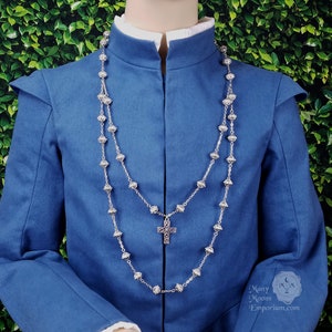 Antique silver chain necklace, long beaded chain, cross jewelry, Medieval, Tudor, Renaissance, Elizabethan, cosplay, costume, MTO Smeaton