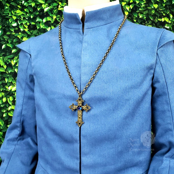 Large cross, chain necklace, sapphire blue, gold silver bronze, cosplay, Elizabethan men, Medieval, Renaissance, Tudor, MTO Carrington