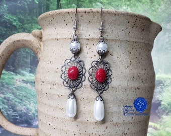 Faux red coral Renaissance earrings, silver filigree, teardrop pearls,  red accessories, costume jewelry, Tudor style, cosplay, RTS Corrina