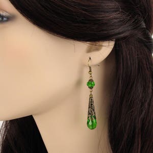 Green crystal teardrop earrings, brass filigree, long green drop, romantic earrings, Renaissance style, Tudor jewelry, Victorian, RTS Elina