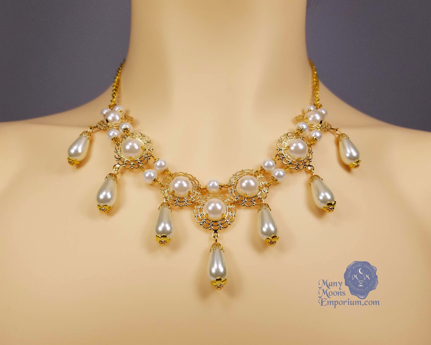 Lady Aurora Gold Filigree and Teardrop Pearl Necklace, Renaissance