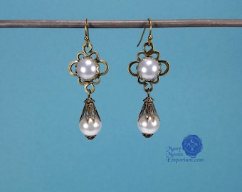 Pearl drop earrings, antique bronze earrings, Borgia jewelry, Medieval wedding, scroll earrings, Tudor jewelry, Renaissance, MTO Bianca