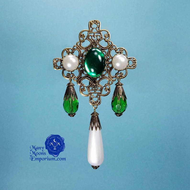 Emerald brooch, green broach, jewel pin, brooch with pearls, bodice jewelry, Renaissance, Tudor pin, Victorian pin, noble lady, RTS Beatrice image 1