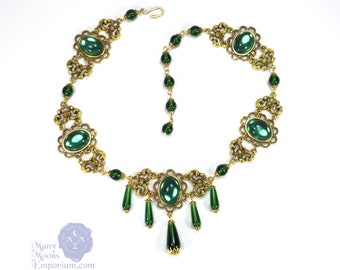 Gold & green Renaissance necklace, emerald green teardrops, Tudor jewelry, Edwardian Era, Victorian jewels, Gothic necklace, MTO Xanthe