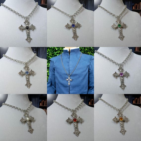 Large Cross, Chain Necklace, Sapphire Blue, Gold Silver Bronze